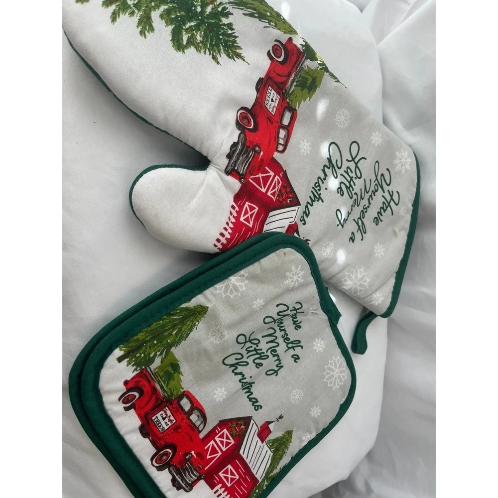 Christmas Oven Mitt Pot Holder Set Red Truck Tree Farm Merry Little Christmas